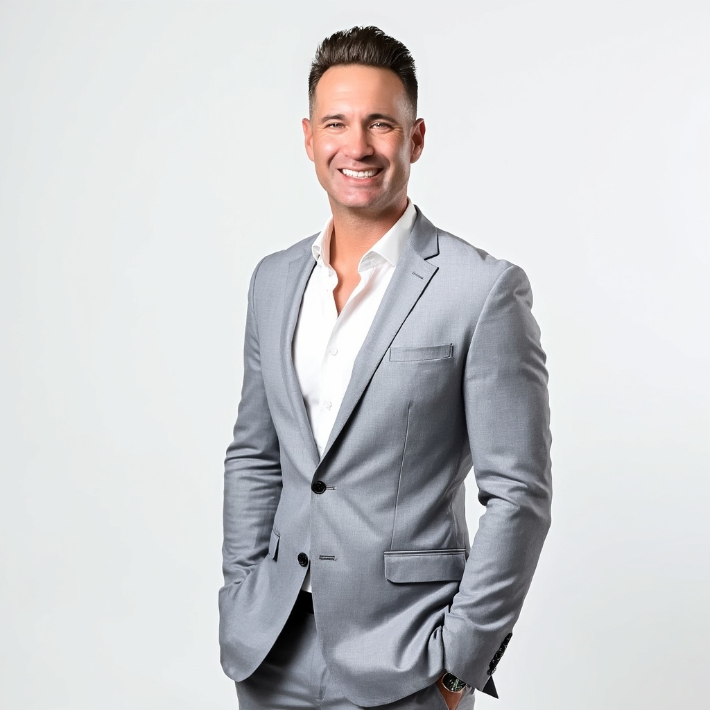 Portrait of Gary DiGrazia, eXp Realty agent and creator of StagedView, smiling warmly in a light grey suit against a clean white backdrop